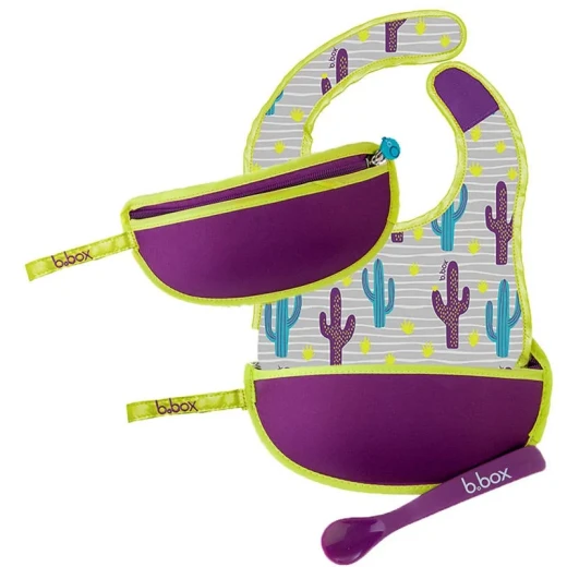 b.box Travel Bib and Flexible Soft-Bite Spoon ,Cactus Capers Pattern , Adjustable Neck Strap ,BPA-Free , Phthalates & PVC Free , Machine Washable , Folds up into its own pouch