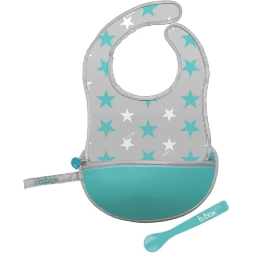B-Box,Travel Bib Spoon Flexible Soft Bite, Palm Pattern, Adjustable Neck Strap, BPA Free, Phthalate Free, PVC Free, Machine Washable and Folds into Its Own Bag Silver, Blue - B.Box - Image 5