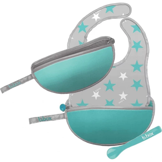 B-Box,Travel Bib Spoon Flexible Soft Bite, Palm Pattern, Adjustable Neck Strap, BPA Free, Phthalate Free, PVC Free, Machine Washable and Folds into Its Own Bag Silver, Blue