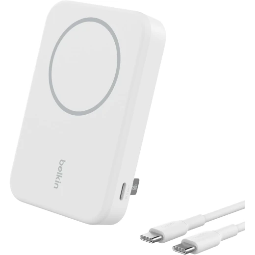Belkin Portable Charger, Wireless Power Bank 15W 8000 mAh w/ Qi2 - MagSafe Charger w/Built-in Pop-up Kickstand - Compatible w/iPhone 17, Air, Pro, Pro Max, Google Pixel 10, etc. - White