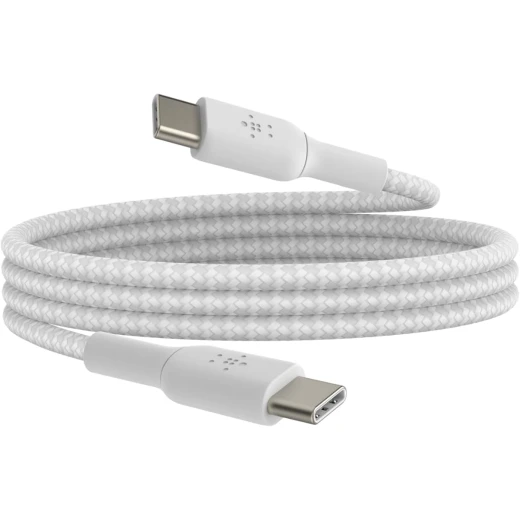 كابل بلكين بوست تشارج مضفّر من نوع USB-C إلى USB-C، بطول 1 متر، أبيض