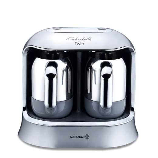 Korkmaz Kahvekolik Twin Turkish Coffee Machine Inox Chrome 800W 4+4 Cup Capacity Korkmaz Kahvekolik Twin Turkish Coffee Machine Inox Chrome 800W 4+4 Cup Capacity