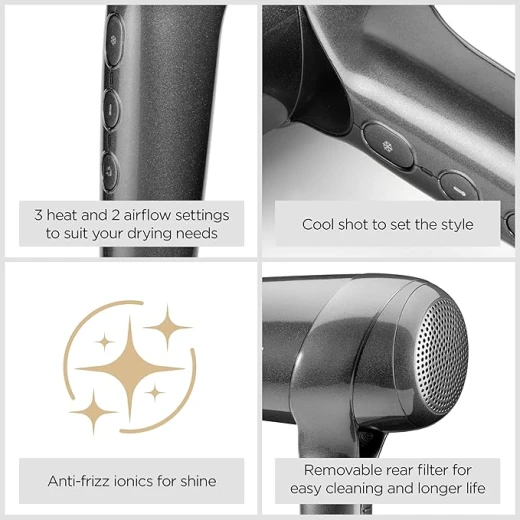 BaByliss Titanium Shine Hair Dryer with Diffuser, Powerful Compact Ionic Hair Dryer for Fast Drying, 1600W Digital Motor, 3 Heat 3 Speed Settings, Cold Shot, Silver - Babyliss - Image 3
