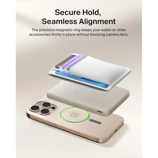Belkin BoostCharge 5000mAh Magnetic Power Bank with Magnetic Ring - Sand | 5K Portable Wireless Charger, Magnetic Ring for Attaching Accessories, USB C Port, Pre-Charged, Cable included, Travel Safe - Belkin - Image 5