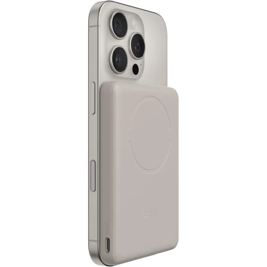 Belkin BoostCharge 5000mAh Magnetic Power Bank with Magnetic Ring - Sand | 5K Portable Wireless Charger, Magnetic Ring for Attaching Accessories, USB C Port, Pre-Charged, Cable included, Travel Safe
