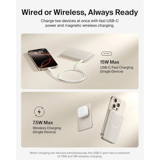 Belkin BoostCharge 5000mAh Magnetic Power Bank with Magnetic Ring - Sand | 5K Portable Wireless Charger, Magnetic Ring for Attaching Accessories, USB C Port, Pre-Charged, Cable included, Travel Safe - Belkin - Image 3