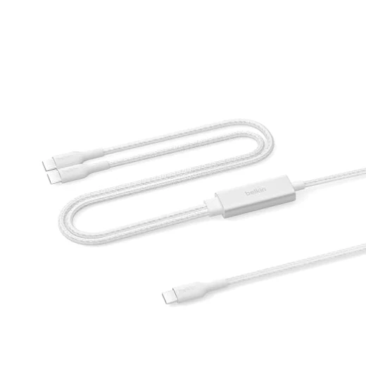 Belkin BoostCharge Pro 2-in-1 USB-C to USB-C Charging Cable 140W, Dual USB-C Connectors, Smart Power Distribution, Braided 1.5m Cable, White