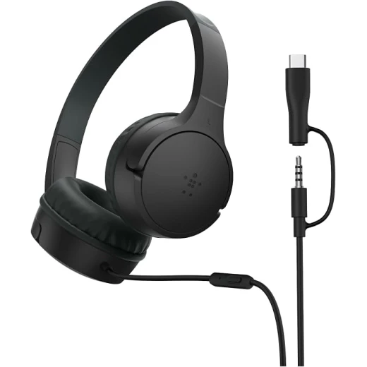 Belkin SoundForm Mini Kids Wired Headphones with Mic, 85dB Volume Limit, USB-C to 3.5mm Dongle, Comfortable Design, Stickers & 2-Year Coverage