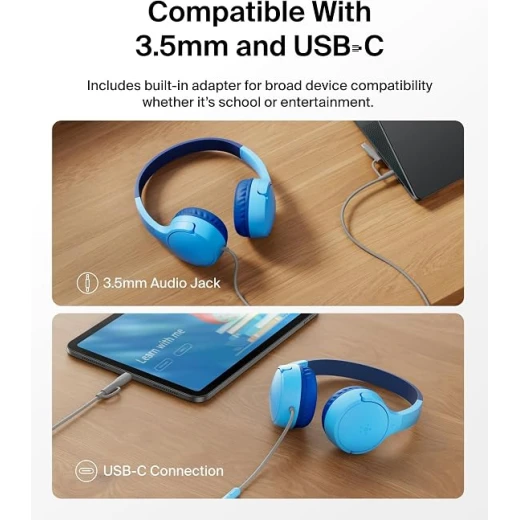 Belkin SoundForm Mini Kids Wired Headphones in Blue with Microphone, 85dB Volume Limit, USB-C to 3.5mm Dongle, Comfortable and Durable - Belkin - Image 3