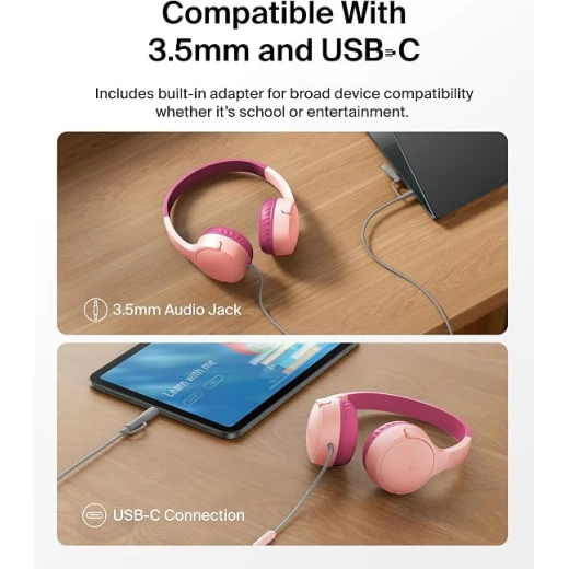 Belkin SoundForm Mini Kids Wired Headphones in Pink with Microphone, 85dB Volume Limit, USB-C to 3.5mm Dongle, Comfortable and Durable - Belkin - Image 2