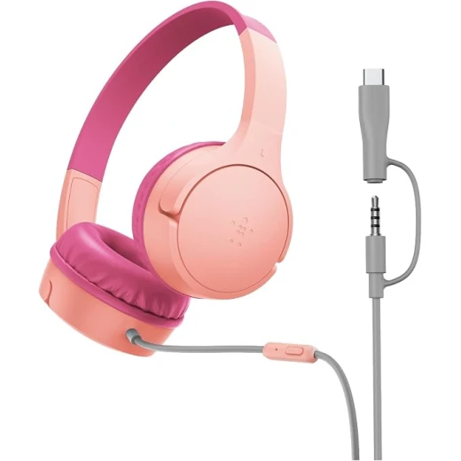 Belkin SoundForm Mini Kids Wired Headphones in Pink with Microphone, 85dB Volume Limit, USB-C to 3.5mm Dongle, Comfortable and Durable
