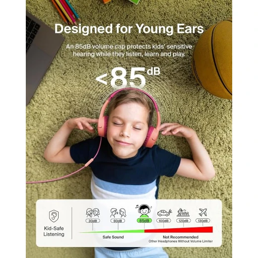 Belkin SoundForm Mini Kids Wired Headphones in Pink with Microphone, 85dB Volume Limit, USB-C to 3.5mm Dongle, Comfortable and Durable - Belkin - Image 3