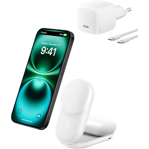 Belkin UltraCharge 2-in-1 Wireless Charger 25W, Qi2 Certified and MagSafe Compatible, Charging Station for iPhone and AirPods, USB-C Port with 45W Adapter