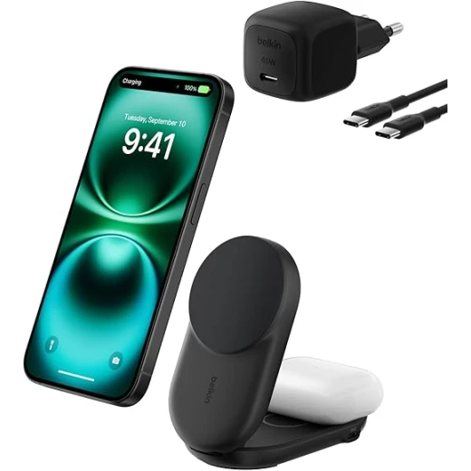 Belkin UltraCharge 2-in-1 Wireless Charger 25W, Qi2 Certified and MagSafe Compatible, Charging Station for iPhone and AirPods, Foldable Magnetic Stand, USB-C Port with 45W Adapter