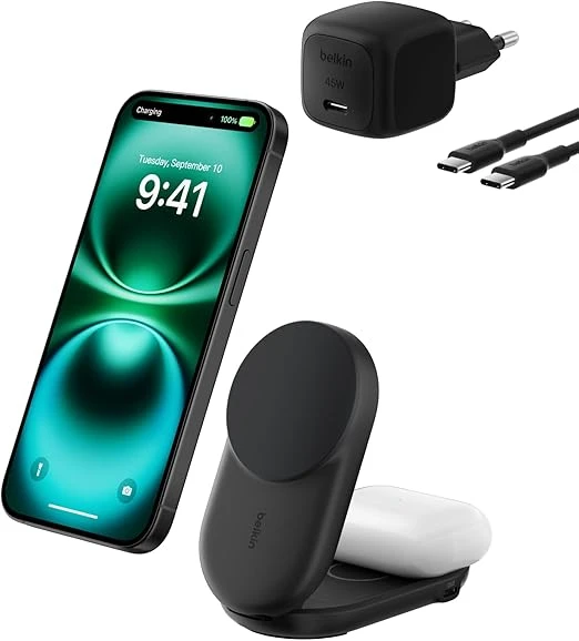 Belkin UltraCharge 2-in-1 Wireless Charger 25W, Qi2 Certified and MagSafe Compatible, Charging Station for iPhone and AirPods, Foldable Magnetic Stand, USB-C Port with 45W Adapter - Belkin