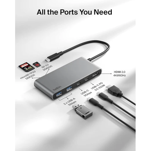 محول بيلكن يو إس بي سي متعدد المنافذ 7 في 1، يدعم HDMI بدقة 4K و60 هرتز، قارئ SD وMicroSD، شحن سريع حتى 100 واط، نقل بيانات بسرعة 5 جيجابت في الثانية، باللون الرمادي - بيلكين - Image 2