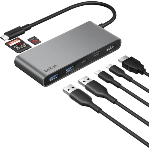 محول بيلكن يو إس بي سي متعدد المنافذ 7 في 1، يدعم HDMI بدقة 4K و60 هرتز، قارئ SD وMicroSD، شحن سريع حتى 100 واط، نقل بيانات بسرعة 5 جيجابت في الثانية، باللون الرمادي