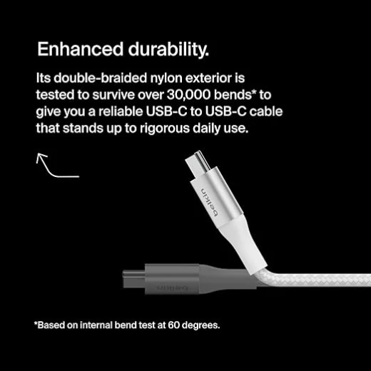 Belkin BoostCharge USB-C to USB-C Charging Cable, USB-IF Certified, 240W Power Delivery Fast Charging, 1m, White - Belkin - Image 2