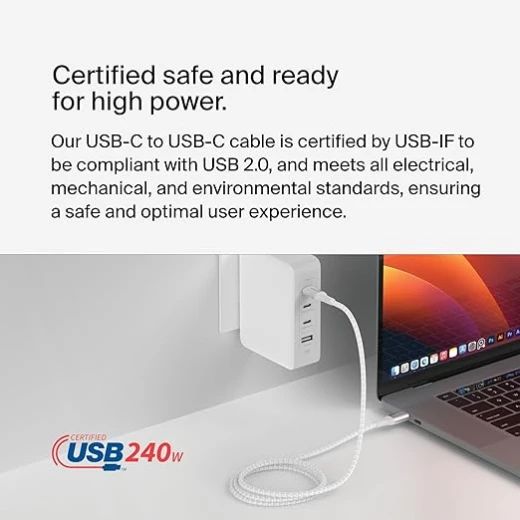 Belkin BoostCharge USB-C to USB-C Charging Cable, USB-IF Certified, 240W Power Delivery Fast Charging, 1m, White - Belkin - Image 3