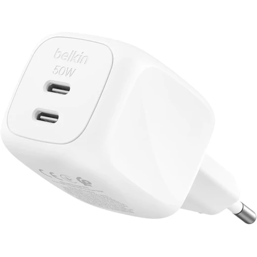 شاحن Belkin USB ثنائي المنافذ بقدرة 50 واط، شاحن GaN بمنفذي USB-C، شحن سريع، مناسب للـ MacBook وiPhone وiPad وChromebook وSamsung Galaxy وPixel، أبيض شاحن Belkin USB ثنائي المنافذ بقدرة 50 واط، شاحن GaN بمنفذي USB-C، شحن سريع، مناسب للـ MacBook وiPhone وiPad وChromebook وSamsung Galaxy وPixel، أبيض