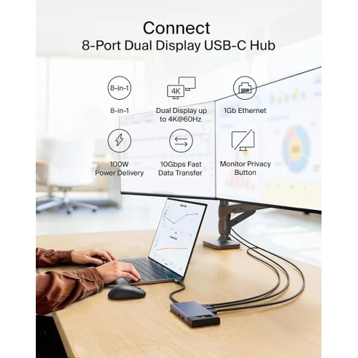 Belkin USB-C Hub 8-in-1، محطة توصيل متعددة المنافذ بقدرة 100W، دعم شاشتين بدقة 4K@60Hz، نقل بيانات 10Gbps، HDMI، Ethernet وUSB - بيلكين - Image 2