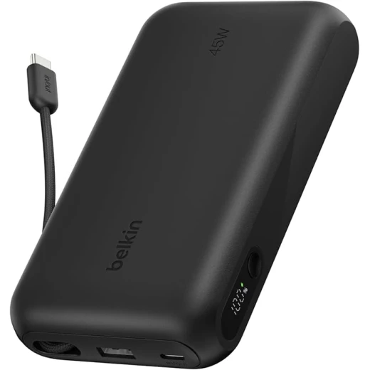 Belkin UltraCharge باور بانك 20000mAh بقوة 45W، كابل USB-C مدمج، شاشة رقمية، شحن 3 أجهزة معًا، USB-C وUSB-A، بطارية محمولة للسفر، أسود