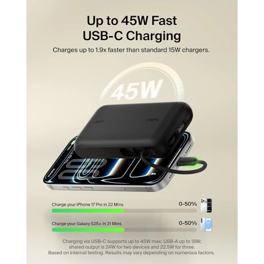 Belkin UltraCharge باور بانك 20000mAh بقوة 45W، كابل USB-C مدمج، شاشة رقمية، شحن 3 أجهزة معًا، USB-C وUSB-A، بطارية محمولة للسفر، أسود - بيلكين - Image 2