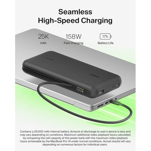 Belkin UltraCharge Pro باور بانك 25000mAh بقوة 158W، كابل USB-C مدمج، شاشة رقمية، شحن 3 أجهزة، USB-C وUSB-A، شحن سريع للابتوب والهاتف، أسود - بيلكين - Image 2