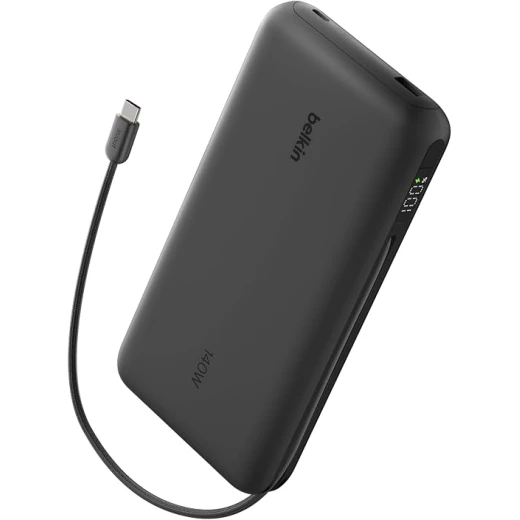 Belkin UltraCharge Pro باور بانك 25000mAh بقوة 158W، كابل USB-C مدمج، شاشة رقمية، شحن 3 أجهزة، USB-C وUSB-A، شحن سريع للابتوب والهاتف، أسود