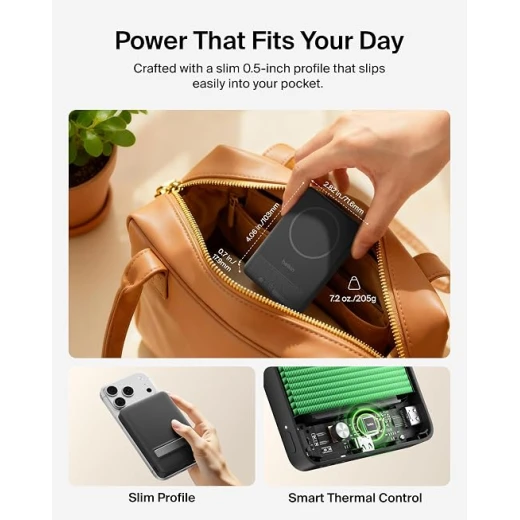Belkin BoostCharge 10000mAh Magnetic Power Bank, Qi2 Certified 15W Wireless Charging, Magnetic Ring, Built-In Stand, USB-C Ports, Cable Included, Black - Belkin - Image 2