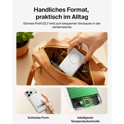 Belkin BoostCharge 10000mAh Magnetic Power Bank with Stand, Qi2 15W Wireless Charging, Magnetic Ring, USB-C Port, Cable Included, Slim & Lightweight, White - Belkin - Image 5