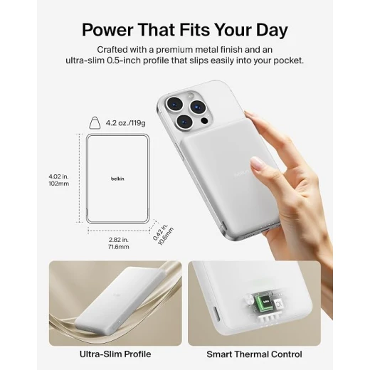 باور بانك مغناطيسي Belkin BoostCharge بسعة 5000 مللي أمبير، نحيف ومحمول، شحن مغناطيسي، لون أبيض، موديل BPD010HQWH - بيلكين - Image 4