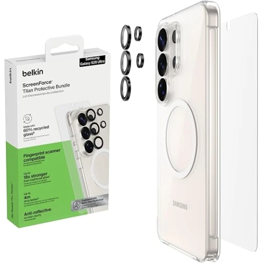 Belkin ScreenForce Titan Protective Bundle for Samsung Galaxy S26 Ultra with scratch-resistant screen protector, shockproof case and anti-reflective camera lens protector.