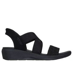 Skechers Women's Arya Very Demure Hands Free Slip Ins Black Vegan Sandal Featuring Stretch Cross Strap Design and Luxe Foam Comfort Insole Size 37 for Ultimate Summer Footwear