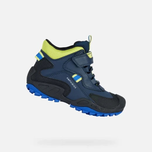 Geox New Savage ABX Boy's Mid Cut Mountain Boot Navy Blue Lime Green 33 Waterproof Outdoor Sporty Design Leather Effect Tumbled Leather Effect Flexible Hardwearing Outsole