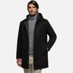 Geox Monreale Man's Longline Coat Black with Removable Hood in Soft Hi Tech Velour Fabric 58. Versatile Everyday Outerwear Padded for Autumnal Temperatures. M3615A.T3028.F9000