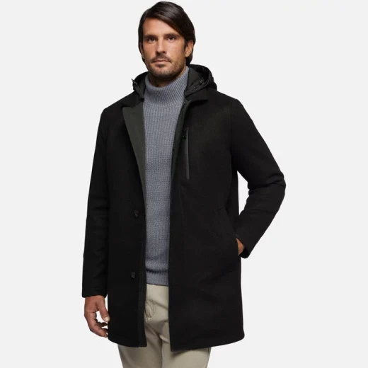 Geox Monreale Man's Longline Coat Black with Removable Hood in Soft Hi Tech Velour Fabric 58. Versatile Everyday Outerwear Padded for Autumnal Temperatures. M3615A.T3028.F9000 Geox Monreale Man's Longline Coat Black with Removable Hood in Soft Hi Tech Velour Fabric 58. Versatile Everyday Outerwear Padded for Autumnal Temperatures. M3615A.T3028.F9000