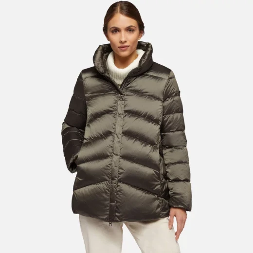 Adrya Woman Bright Cement Puffer Jacket Short Cosy Winter Anorak 40 Environmentally Friendly Padding Hi Shine Nylon Burnished Hardware Elevate Everyday Style - Geox - Image 2