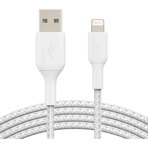 كابل بلكين بوست تشارج مضفّر من نوع USB-A مع موصل لايتنينغ، بطول 3 أمتار، أبيض
