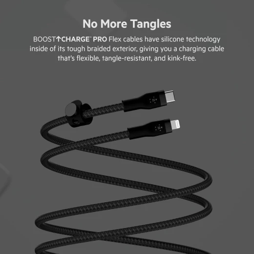 كابل بلكين بوست تشارج برو فليكس مضفّر من السيليكون – USB-C إلى لايتنينغ، بطول 3 أمتار، أسود - بيلكين - Image 3