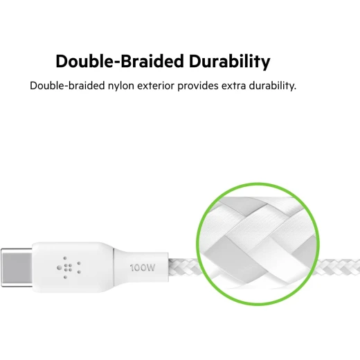 Belkin 6.6ft USB-C to USB-C Cable 100W White Braided Charger Cord for iPhone, Galaxy, iPad & More - Belkin - Image 2