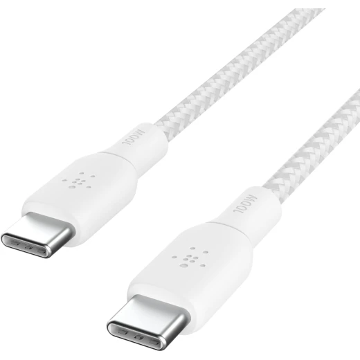 Belkin 6.6ft USB-C to USB-C Cable 100W White Braided Charger Cord for iPhone, Galaxy, iPad & More