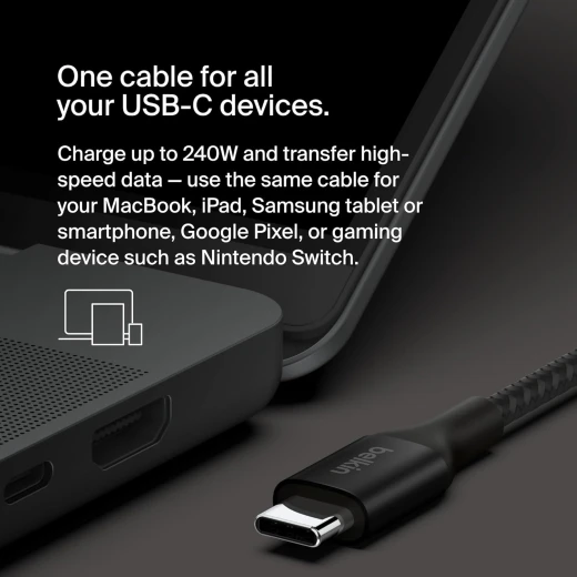 كابل بيلكن 240W USB-C إلى USB-C بطول 3.3 قدم أسود - شحن سريع لأجهزة iPhone و Samsung و MacBook والمزيد - بيلكين - Image 2