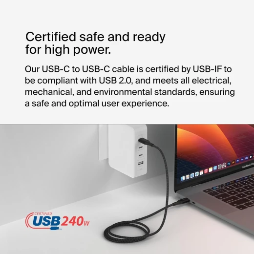 كابل بيلكن 240W USB-C إلى USB-C بطول 3.3 قدم أسود - شحن سريع لأجهزة iPhone و Samsung و MacBook والمزيد - بيلكين - Image 6