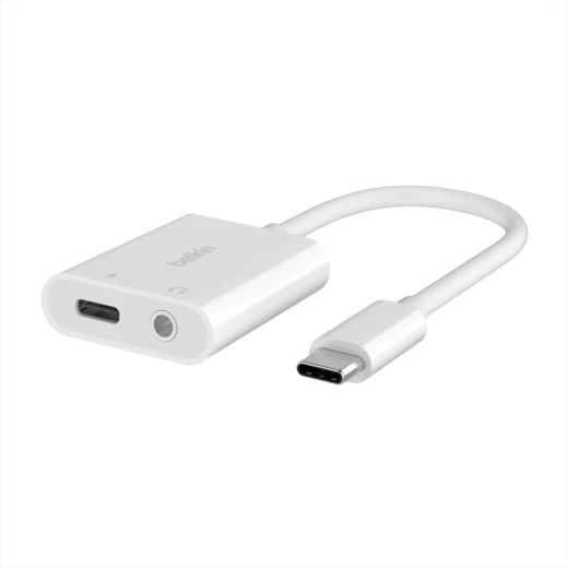 محول صوت بيلكين Rockstar USB-C مع منفذ 3.5 ملم وشحن - أبيض - iPad Pro, Galaxy, Pixel