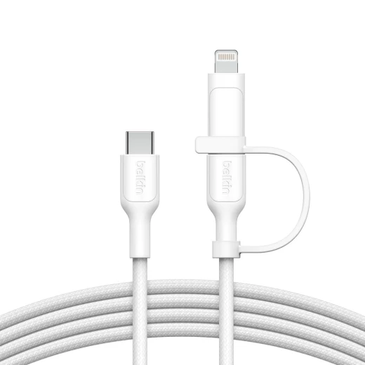 Belkin 2-in-1 Braided Charging Cable: USB-C & Lightning Connectors for iPhone, iPad, Samsung - White