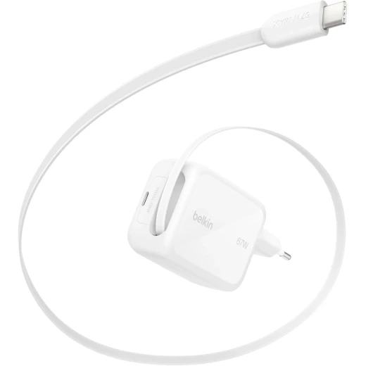 شاحن Belkin UltraCharge USB-C، بقوة 45 واط، مزود بكابل USB-C قابل للسحب بطول 80 سم ومنفذ USB-C، متوافق مع أجهزة iPhone 17 و16، وسلسلة Galaxy S26، وسماعات AirPods، والأجهزة اللوحية، وأجهزة MacBook، وأجهزة الكمبيوتر المحمولة.