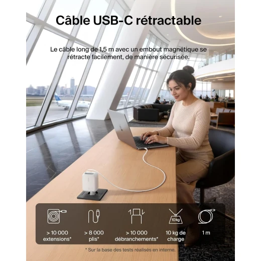 شاحن Belkin UltraCharge USB-C، بقوة 45 واط، مزود بكابل USB-C قابل للسحب بطول 80 سم ومنفذ USB-C، متوافق مع أجهزة iPhone 17 و16، وسلسلة Galaxy S26، وسماعات AirPods، والأجهزة اللوحية، وأجهزة MacBook، وأجهزة الكمبيوتر المحمولة. - بيلكين - Image 3