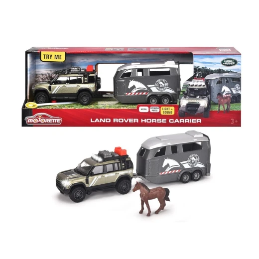 Majorette, Land Rover Defender with Horse Trailer 1:43 Grand Series Light and Sound Rubber Tyres Opening Parts Toy Horse 25cm Kids 3+ Majorette, Land Rover Defender with Horse Trailer 1:43 Grand Series Light and Sound Rubber Tyres Opening Parts Toy Horse 25cm Kids 3+