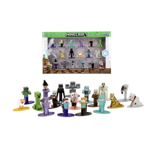 JADA, Minecraft Metal Figures 18 Pack Wave Die Cast Collectible Set Steve Alex Creeper Tamed Wolf Enderman Monsters Animals Kids Toy Ages 3+ Gift for Fans and Collectors